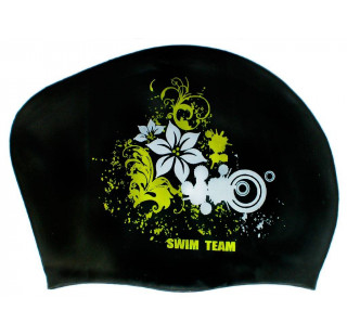 Шапочка для плавания для длинных волос SWIM TEAM цветы: KW-F (Чёрный)