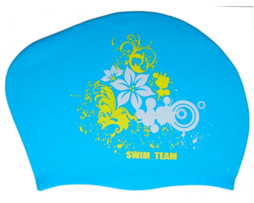 Шапочка для плавания для длинных волос SWIM TEAM цветы :KW-F (Голубой)